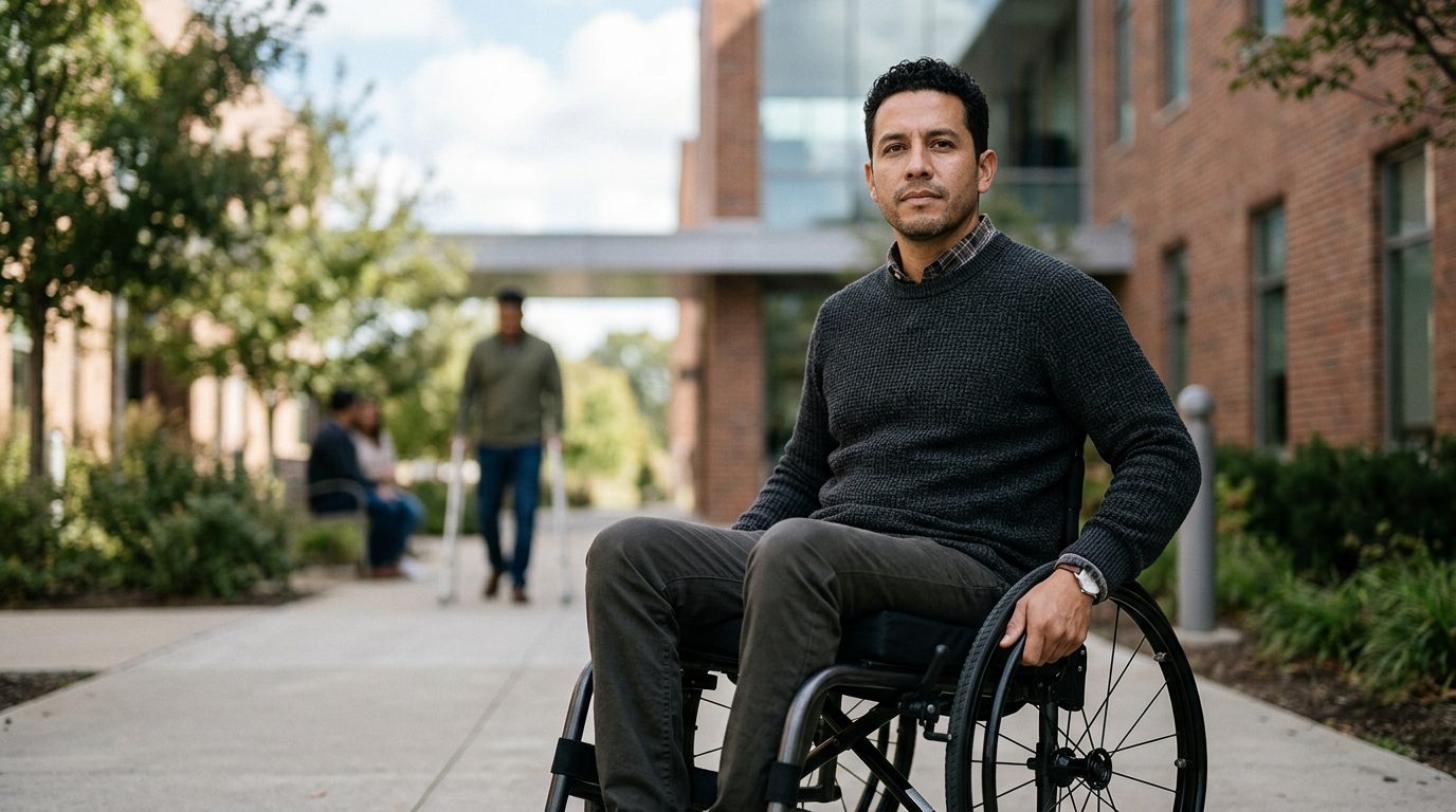 Persona en silla de ruedas con expresión de determinación tras lesión grave de columna.