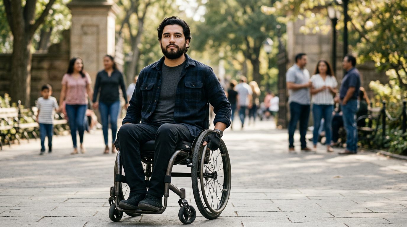 Persona en silla de ruedas con expresión de determinación y fortaleza.