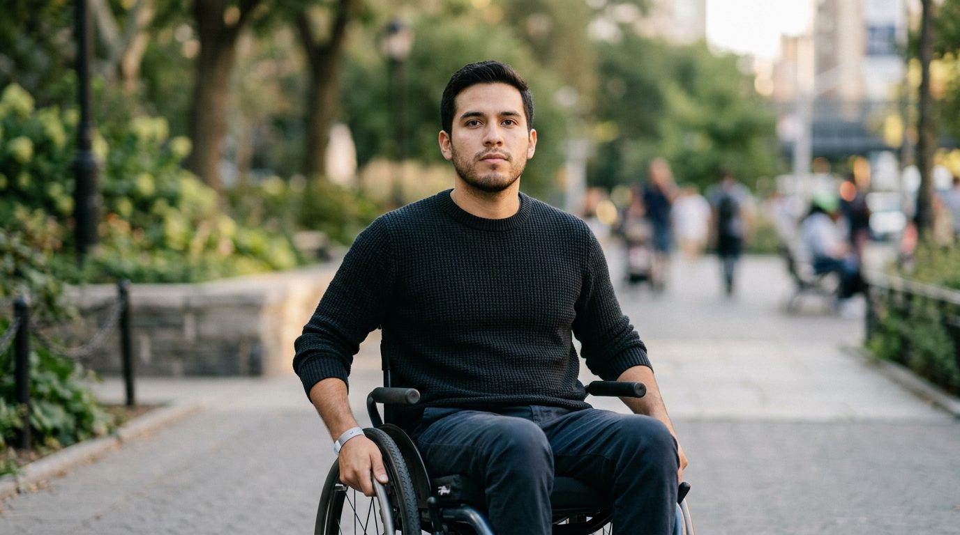 Persona en silla de ruedas con expresión de determinación y fortaleza.