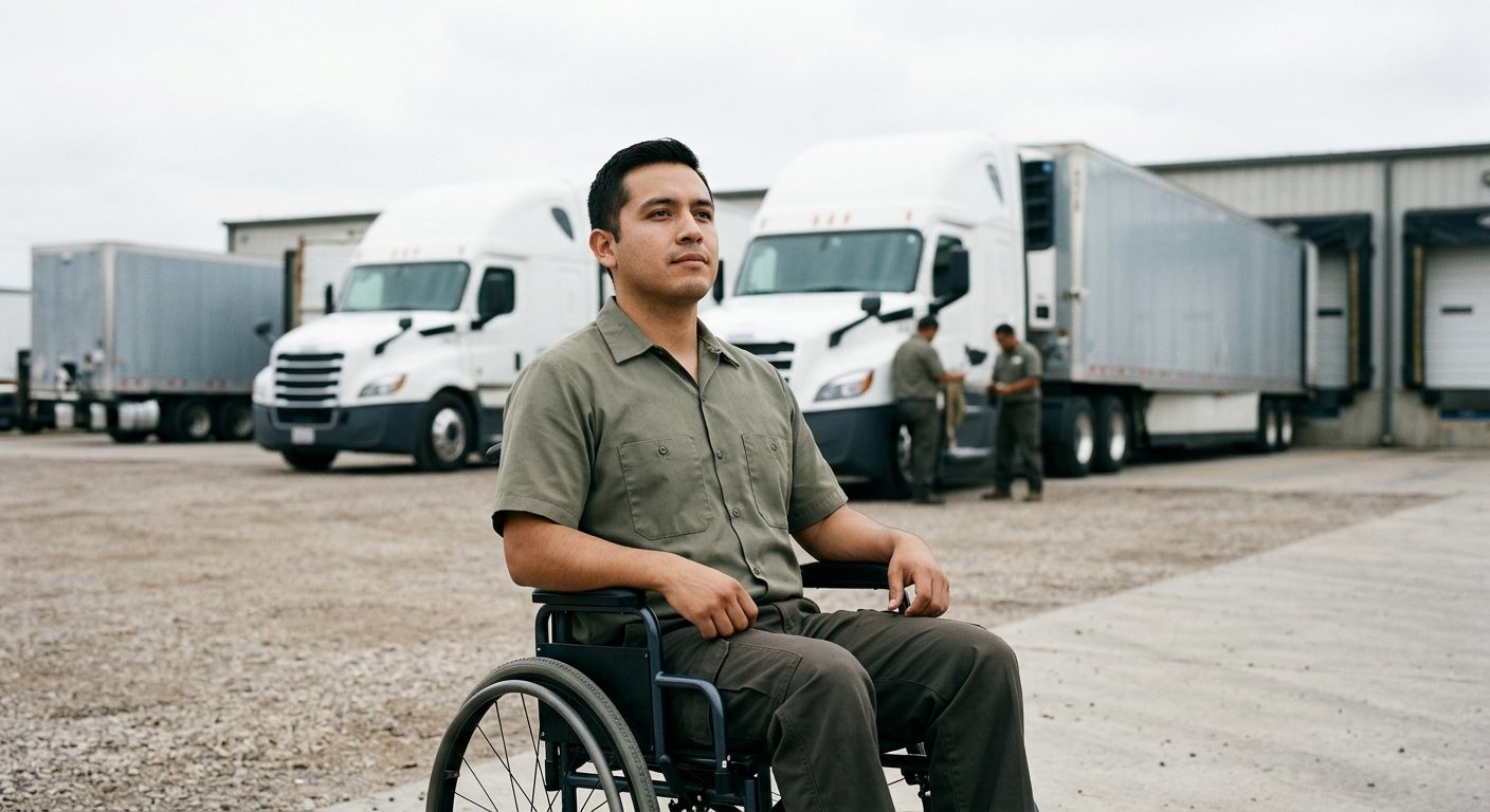 Persona en silla de ruedas con expresión de determinación y fortaleza.
