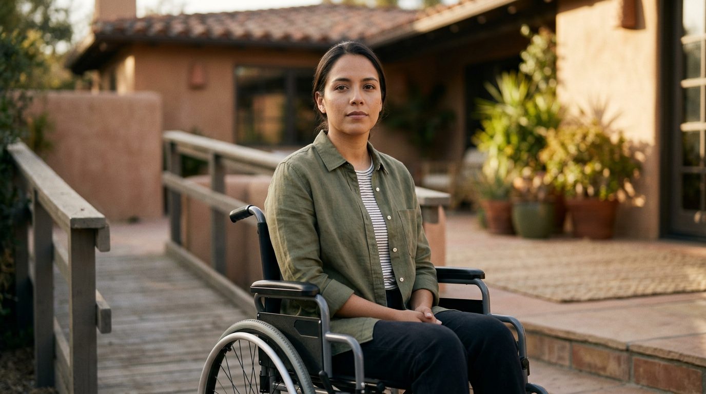 Persona en silla de ruedas con expresión de determinación y fortaleza.