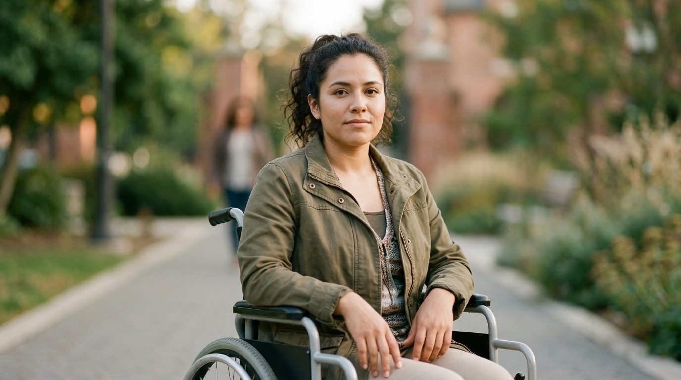 Persona en silla de ruedas con lesión de médula espinal mirando hacia adelante con determinación.