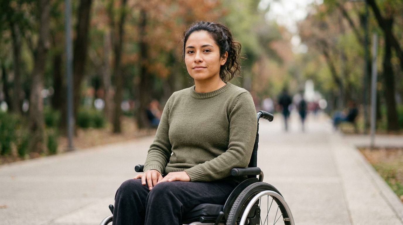 Persona en silla de ruedas con lesión espinal catastrófica mirando hacia adelante.