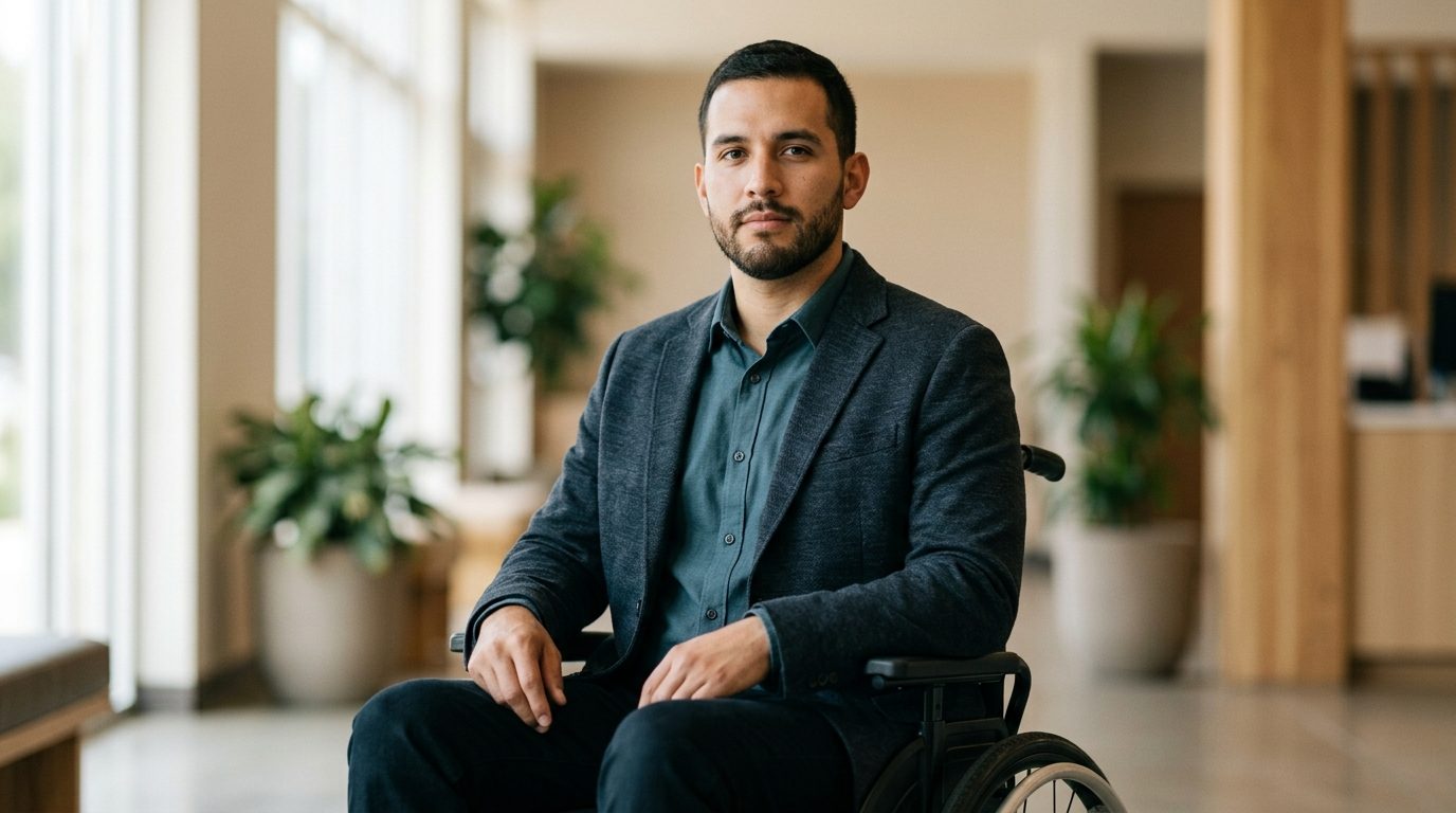 Persona en silla de ruedas con lesión espinal catastrófica mirando hacia adelante con determinación.