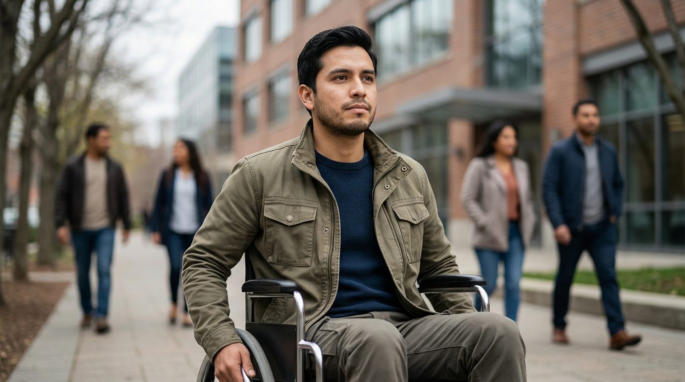 Persona en silla de ruedas con lesión espinal grave mirando hacia adelante con determinación.