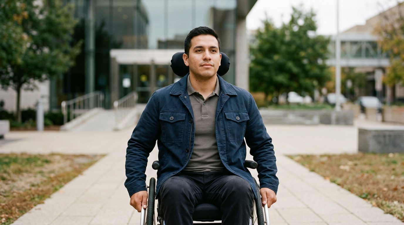 Persona en silla de ruedas con lesión espinal grave mirando hacia adelante con determinación.