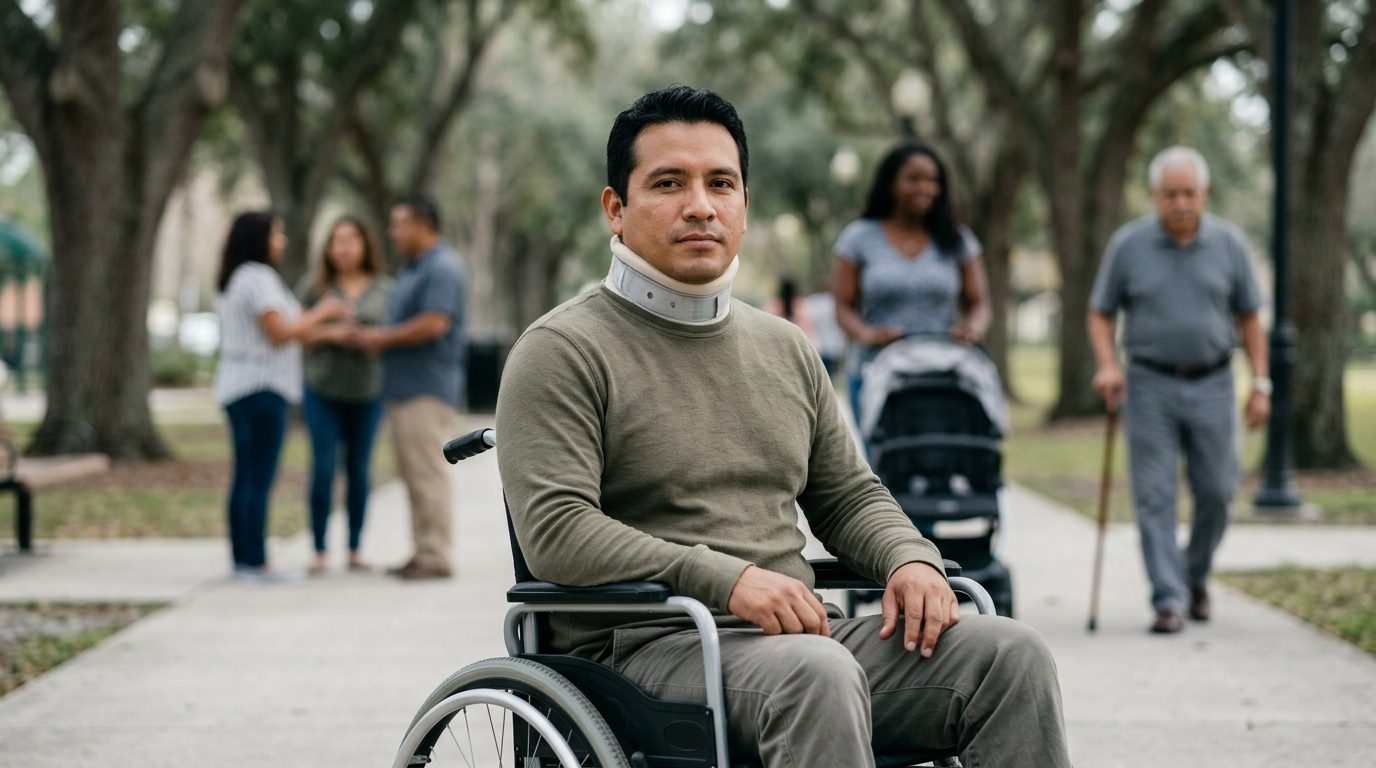 Persona en silla de ruedas con lesión espinal grave mirando hacia adelante con determinación.