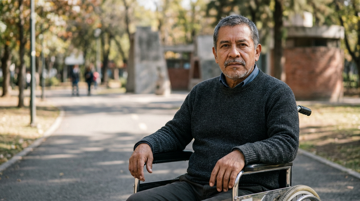 Persona en silla de ruedas mira al frente con serena determinación tras una lesión medular grave.