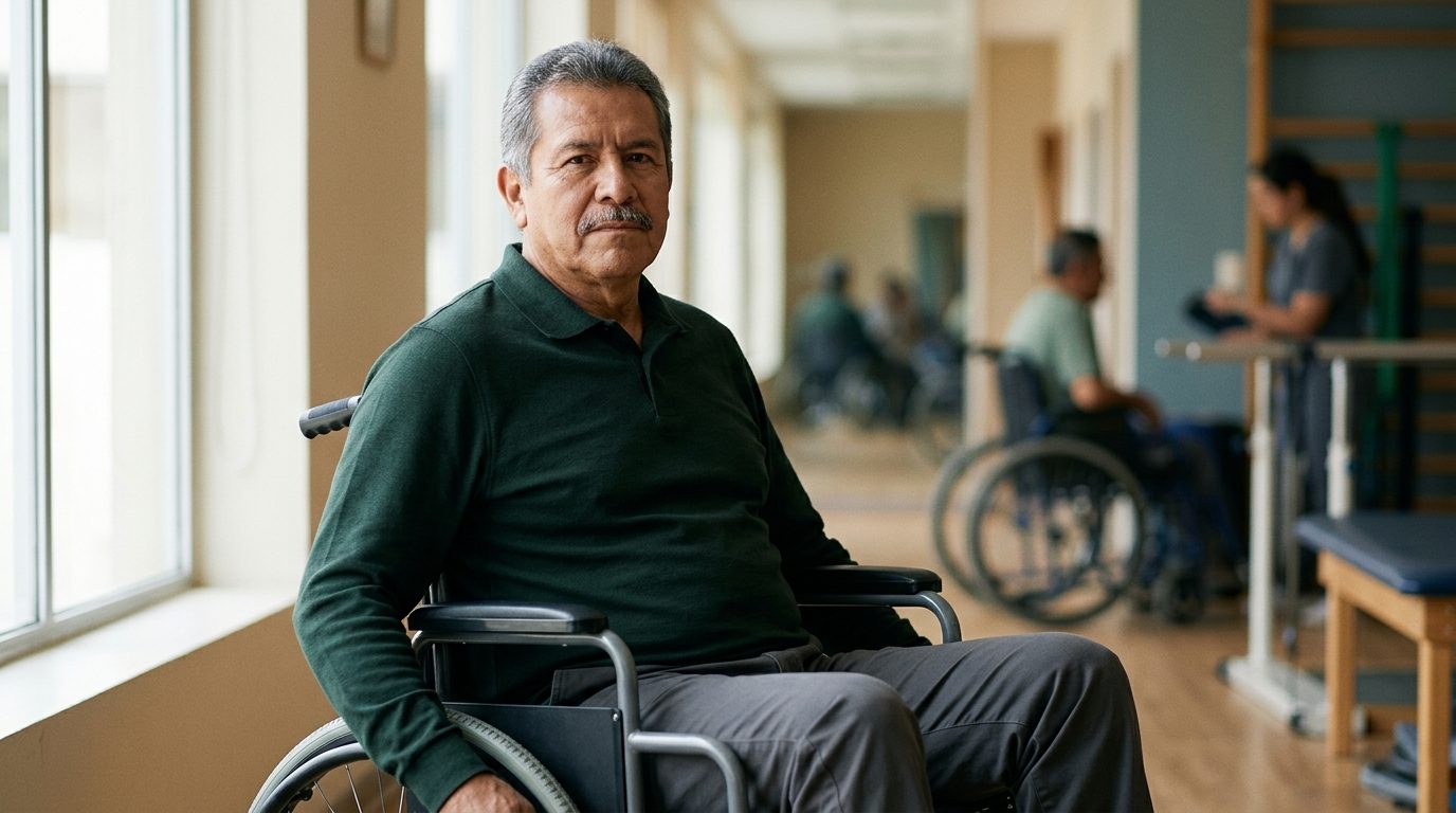 Persona en silla de ruedas mirando hacia adelante con determinación tras lesión espinal grave.