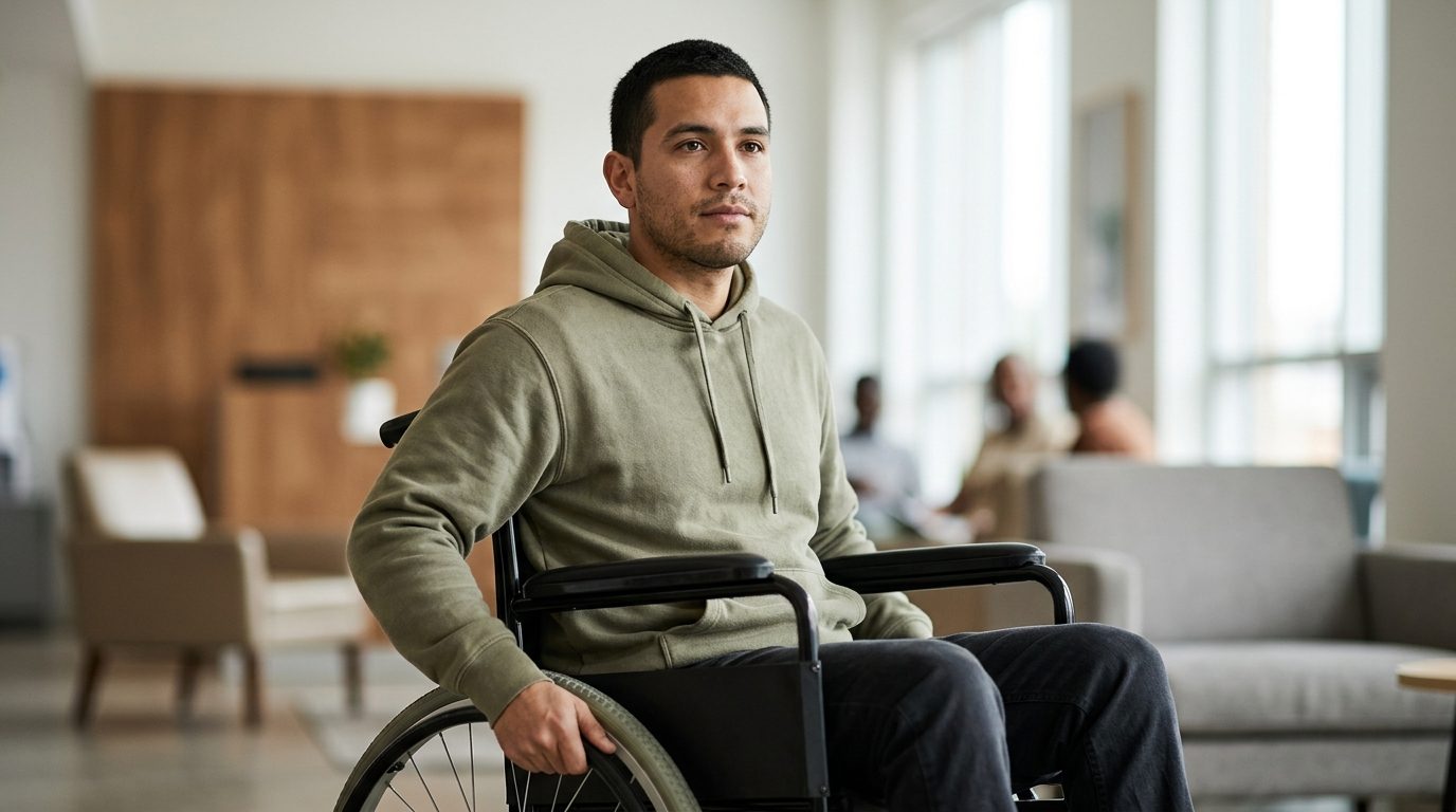 Persona en silla de ruedas mirando hacia adelante con determinación tras lesión de médula espinal.