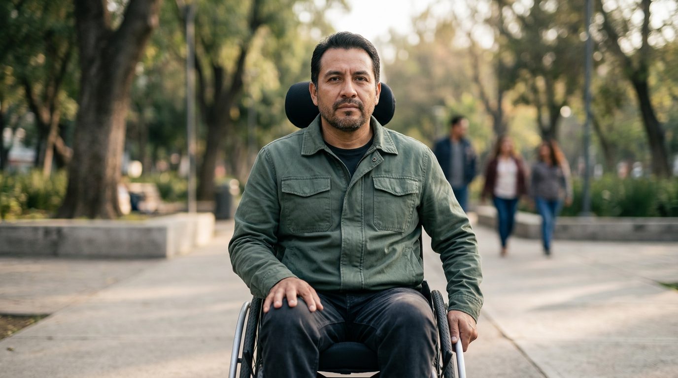 Persona en silla de ruedas mirando hacia adelante con determinación tras lesión espinal grave.