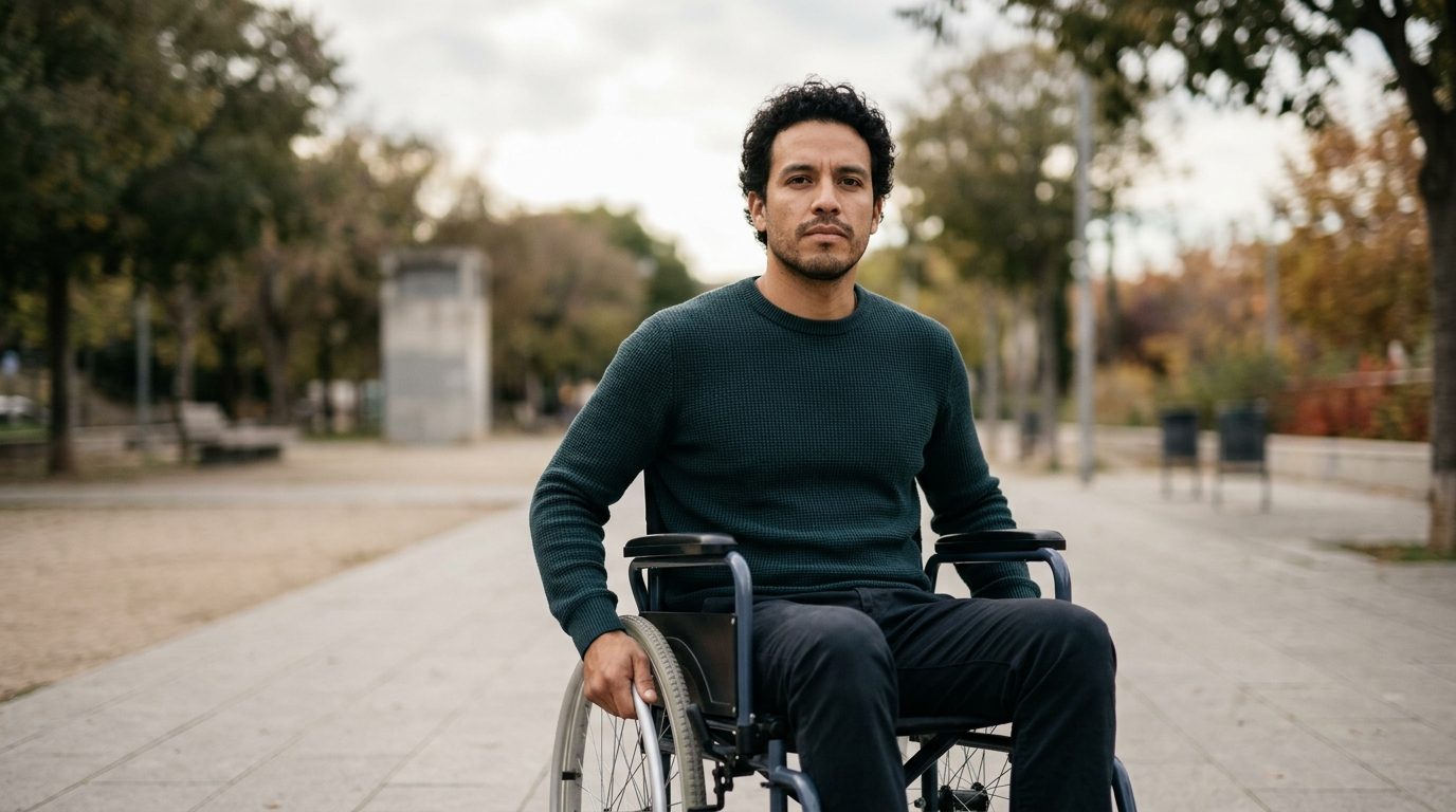 Persona en silla de ruedas mirando hacia adelante con determinación tras lesión medular.