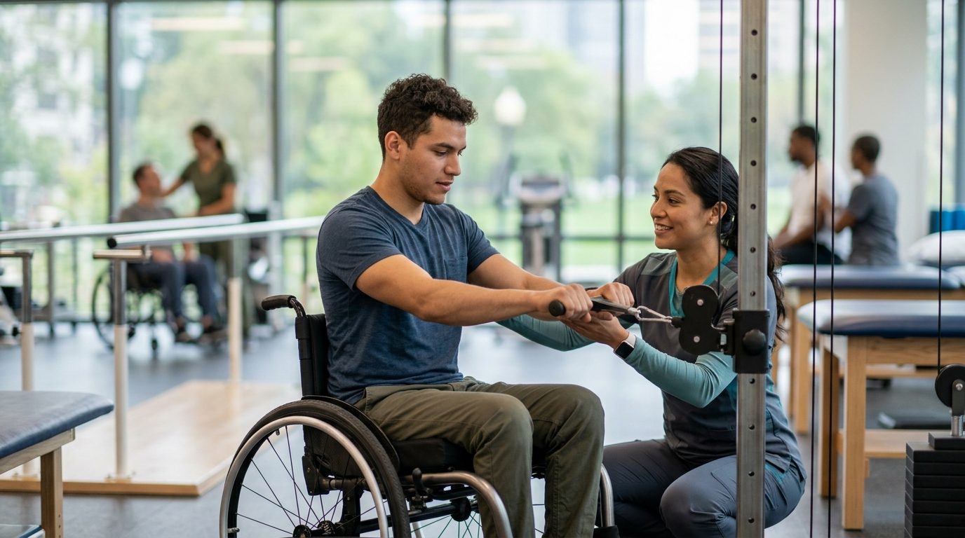 Persona en silla de ruedas trabajando con fisioterapeuta en gimnasio de rehabilitación de lesión medular.
