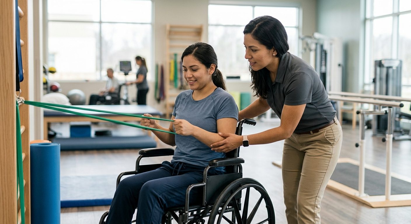 Persona en silla de ruedas trabajando con fisioterapeuta en gimnasio de rehabilitación por lesión medular.
