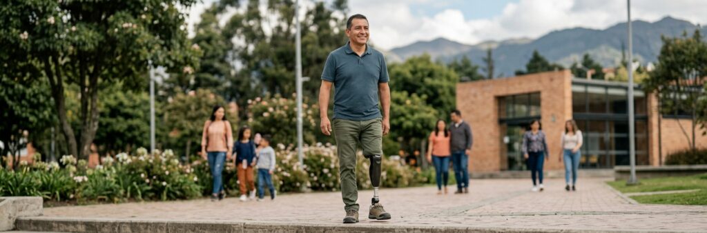 Persona hispana con prótesis de pierna practicando su movilidad diaria con confianza.