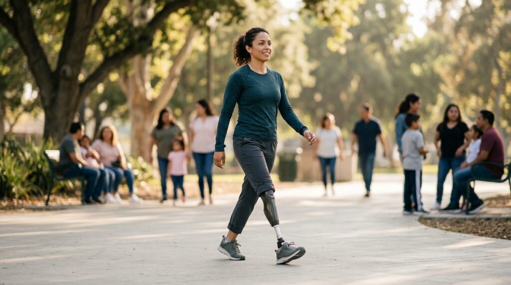 Persona hispana con prótesis de pierna practicando su movilidad diaria con confianza.