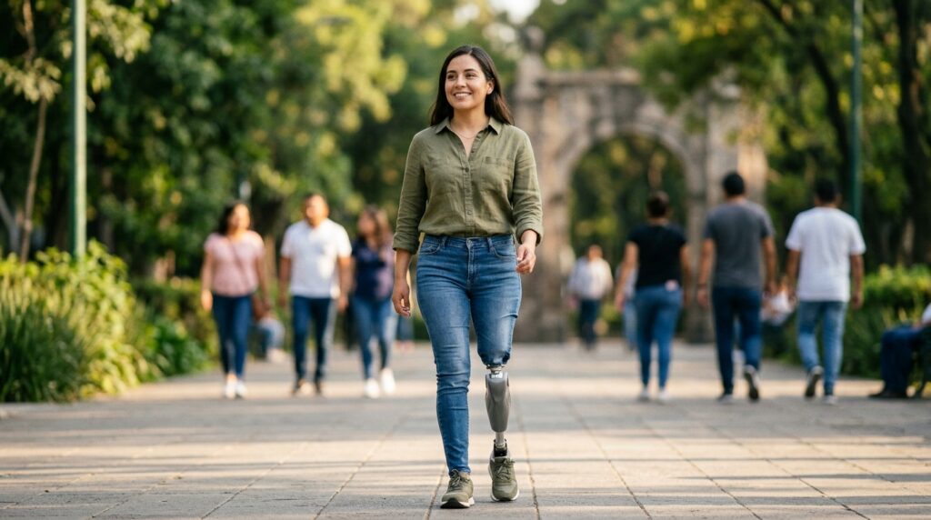 Persona hispana con prótesis de pierna practicando su movilidad diaria con confianza.