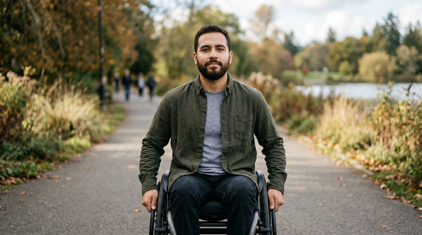 Persona hispana en silla de ruedas mira al frente con determinación tras una lesión medular.