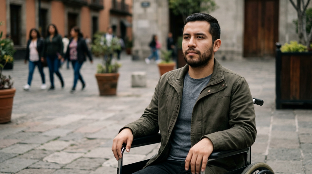 Persona hispana en silla de ruedas mira al frente con determinación tras una lesión medular.