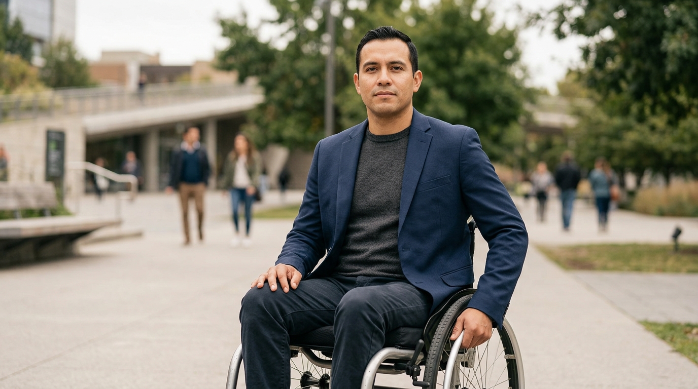Persona hispana en silla de ruedas mira al frente con determinación tras una lesión medular grave.