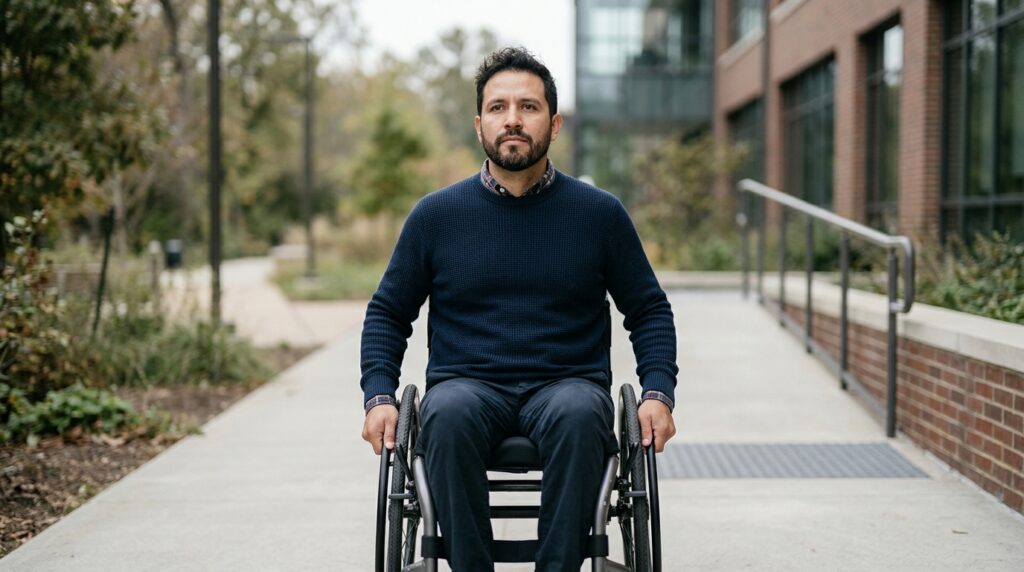 Persona hispana en silla de ruedas mira al frente con determinación tras una lesión medular grave.