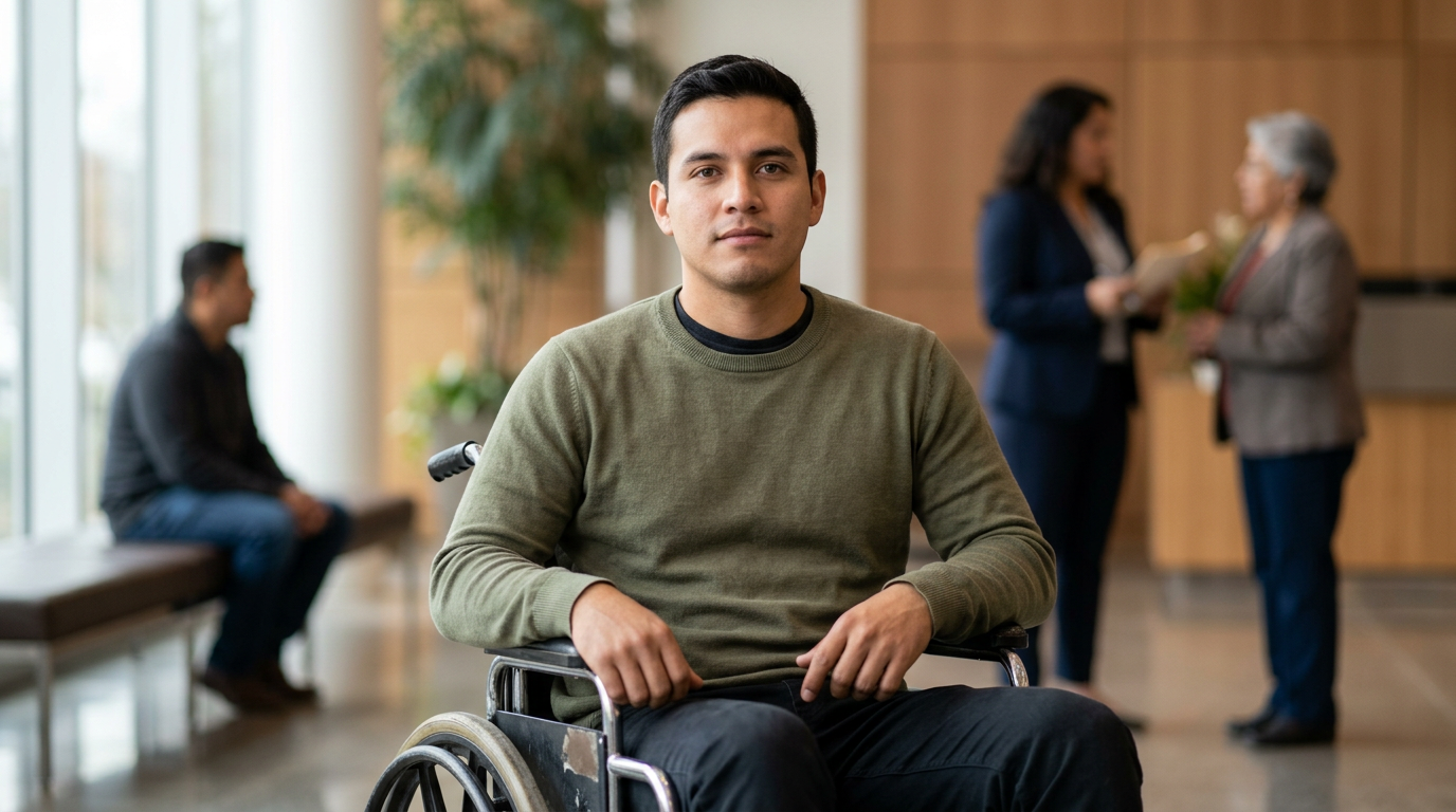 Persona hispana en silla de ruedas mira al frente con determinación tras una lesión medular grave.