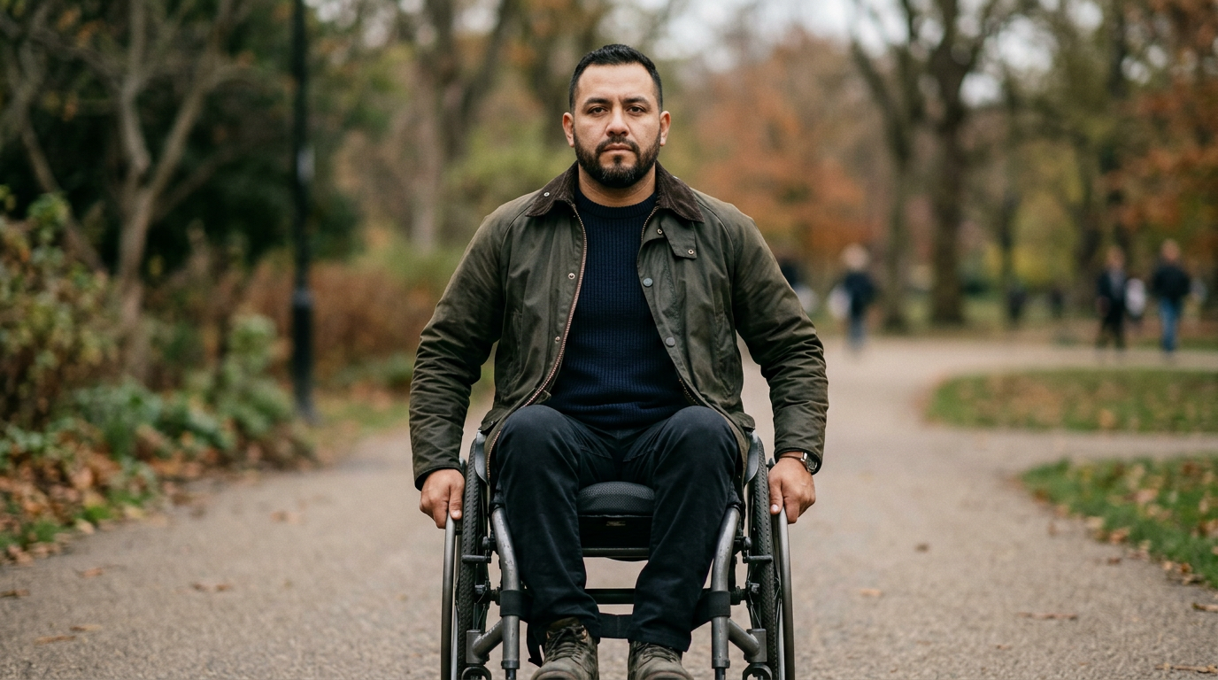 Persona hispana en silla de ruedas mira al frente con expresión de serena determinación tras lesión medular.