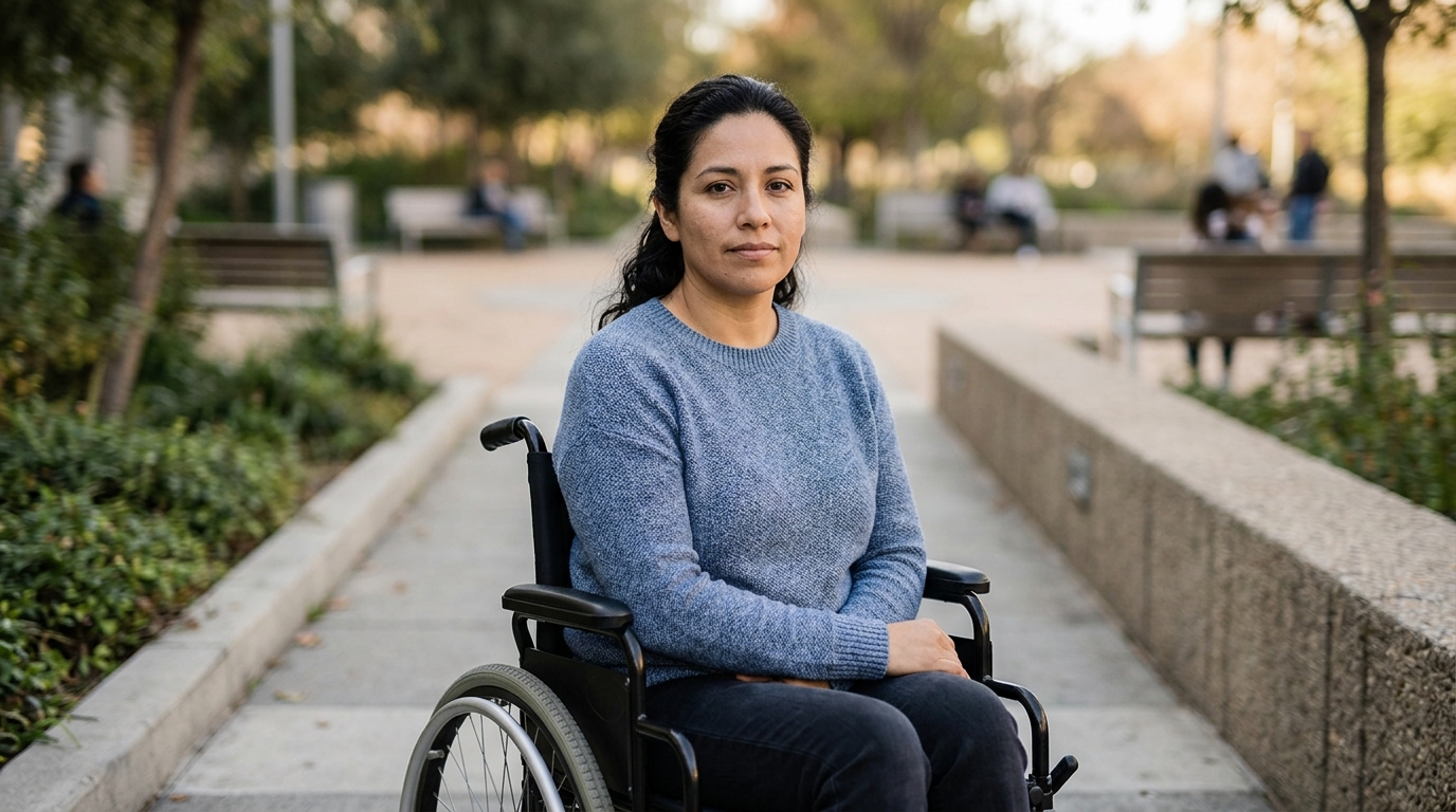 Persona hispana en silla de ruedas mira al frente con serena determinación tras lesión espinal grave.