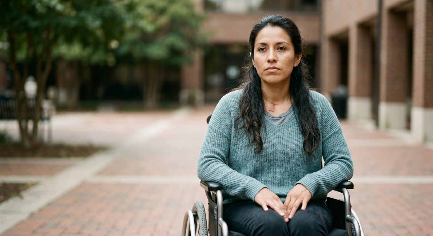 Persona hispana en silla de ruedas mira al frente con serena determinación tras una lesión medular grave.