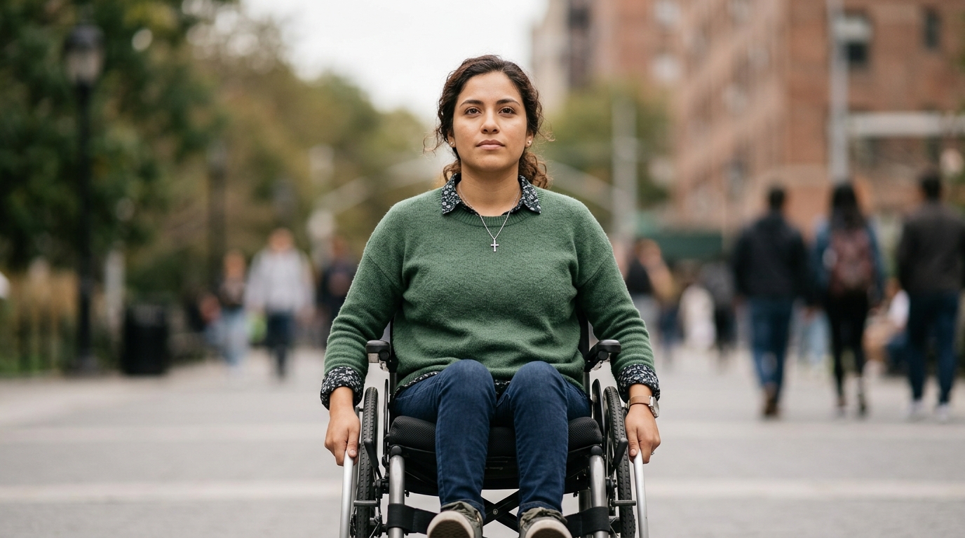 Persona hispana en silla de ruedas mira al frente con serena determinación tras lesión medular grave.