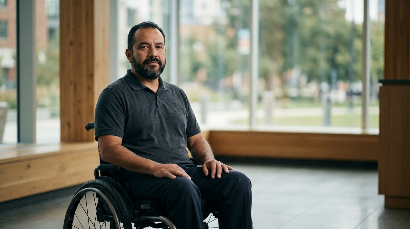 Persona hispana en silla de ruedas mira al frente con serena determinación tras una lesión medular grave.
