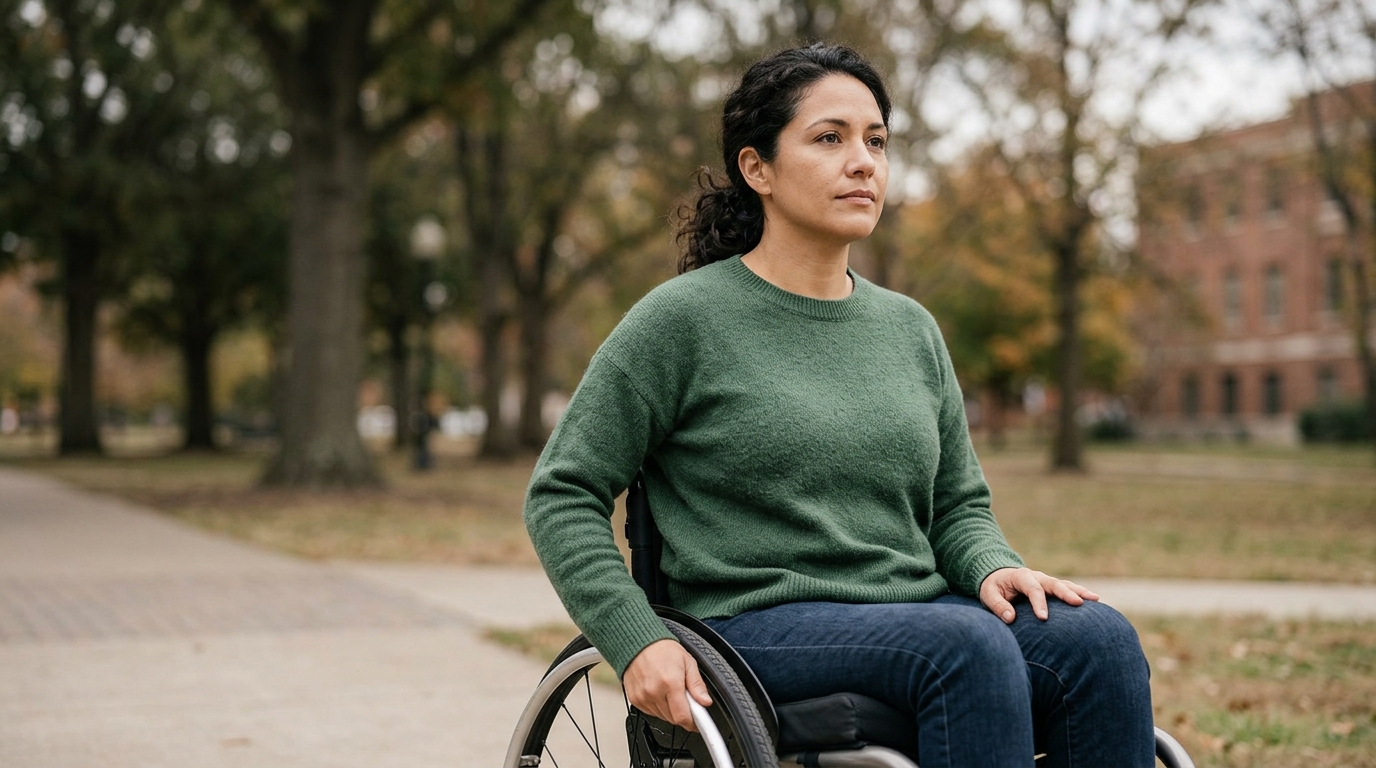 Persona hispana en silla de ruedas mira al frente con serena determinación tras una lesión medular grave.