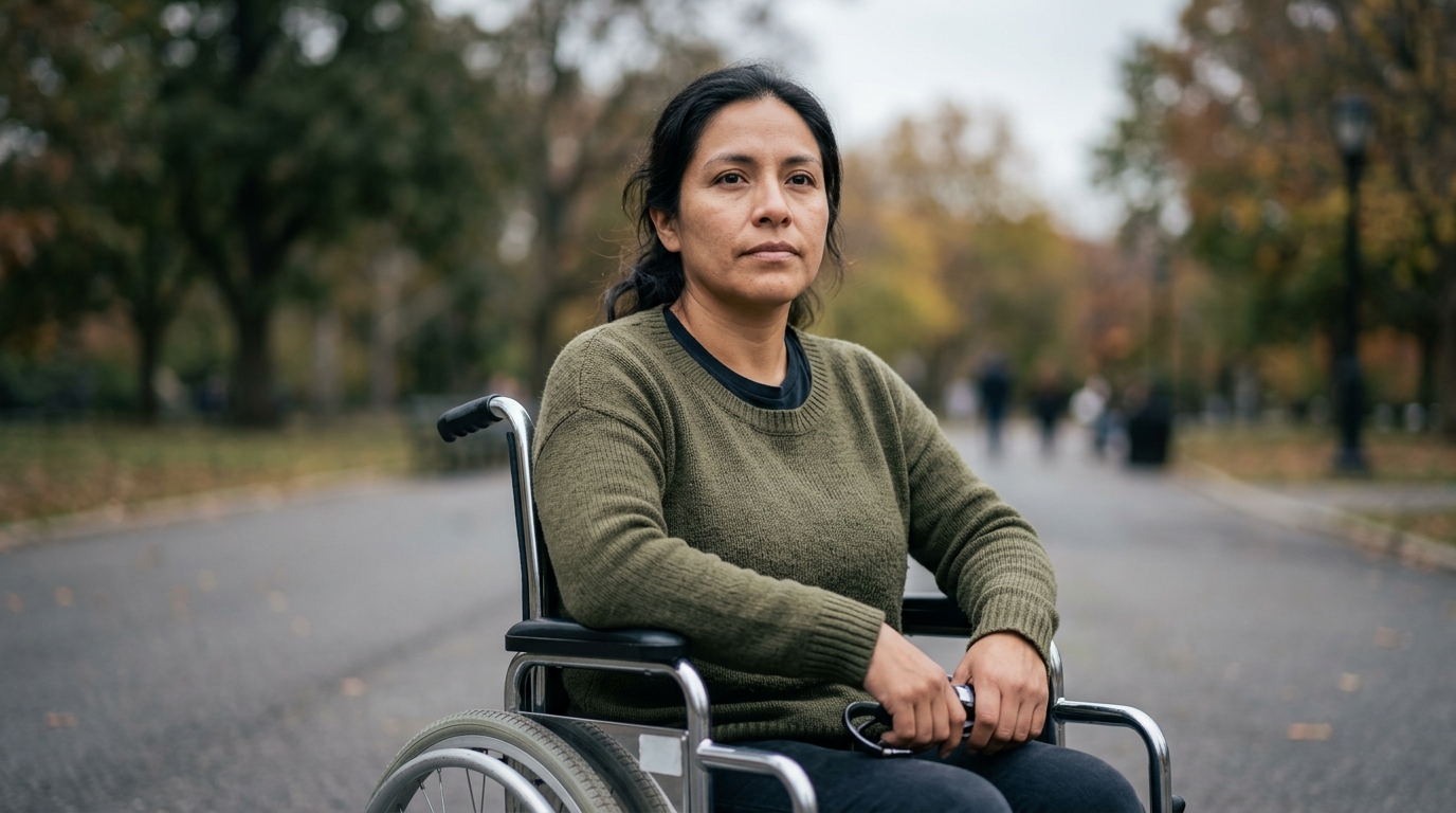 Persona hispana en silla de ruedas mira al frente con serena determinación tras lesión medular.