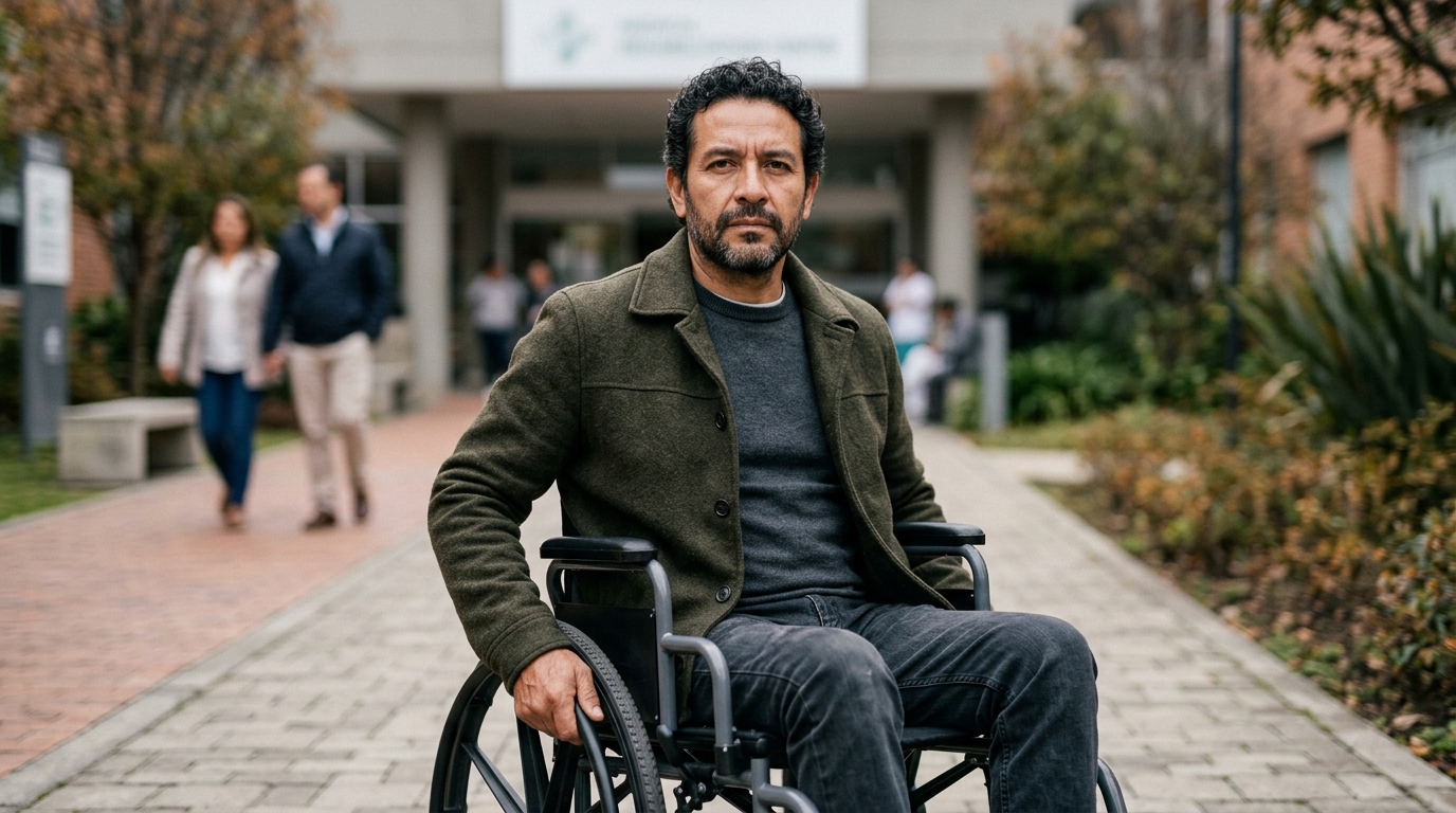 Persona hispana en silla de ruedas mira al frente con serena determinación tras lesión espinal.