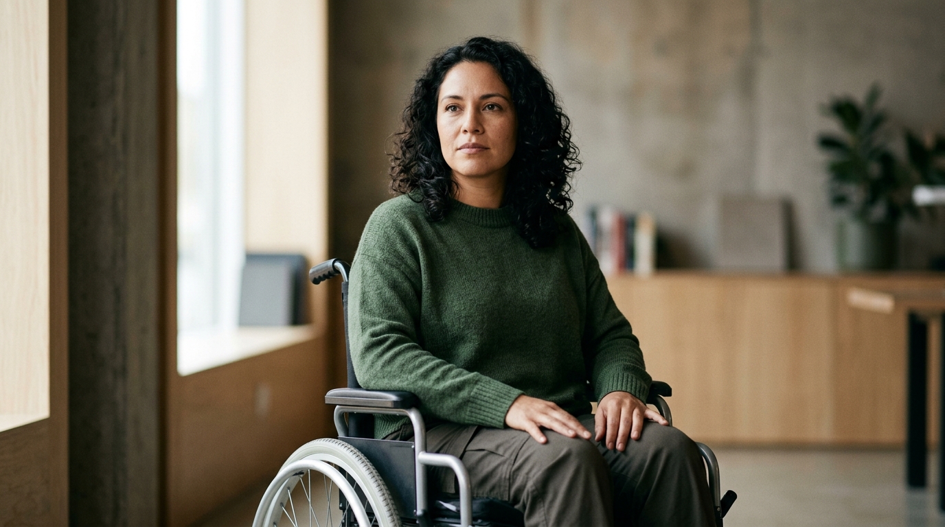 Persona hispana en silla de ruedas mira al frente con serena determinación tras lesión medular.