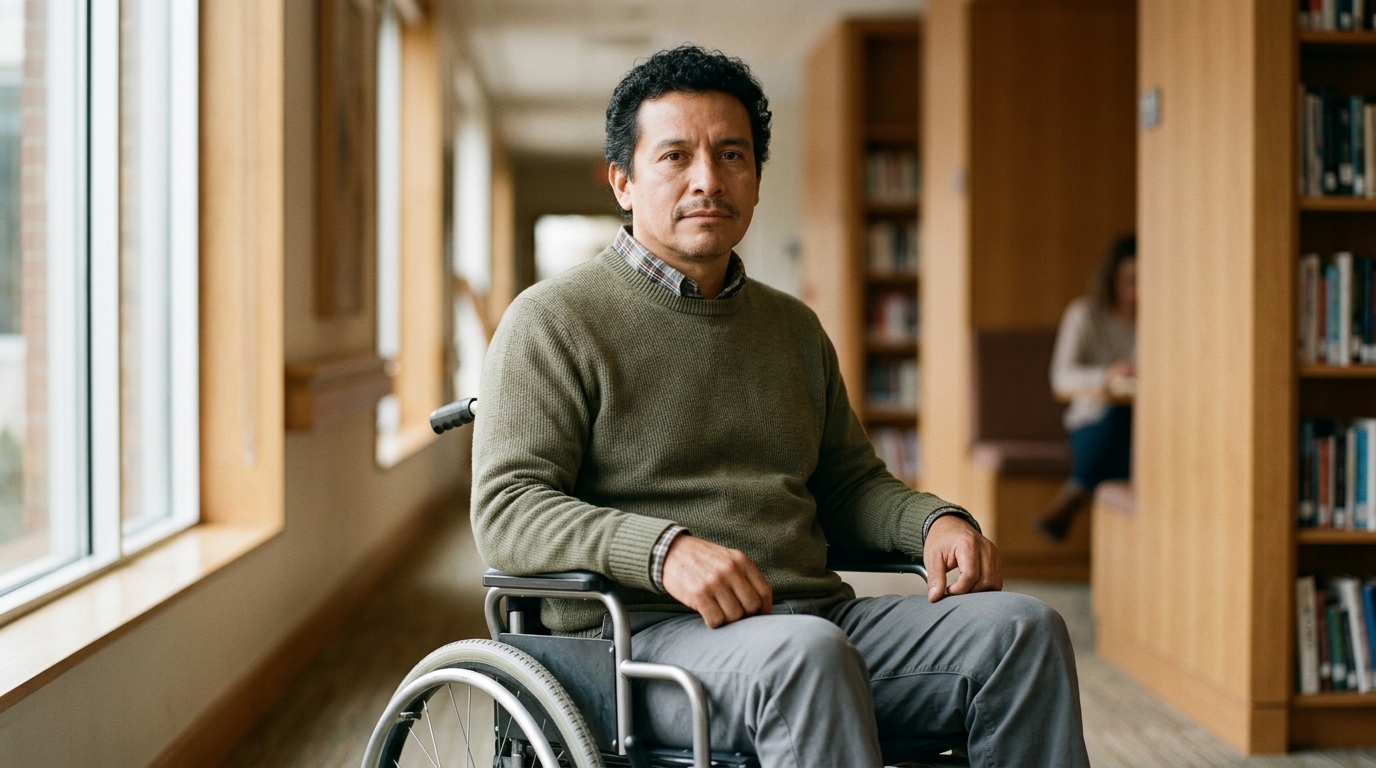 Persona hispana en silla de ruedas mira al frente con serena determinación tras una lesión medular.
