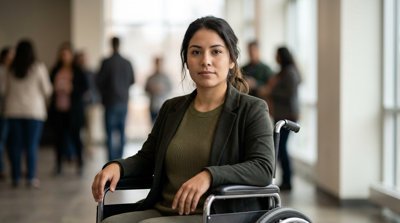 Persona hispana en silla de ruedas mira al frente con serena determinación.