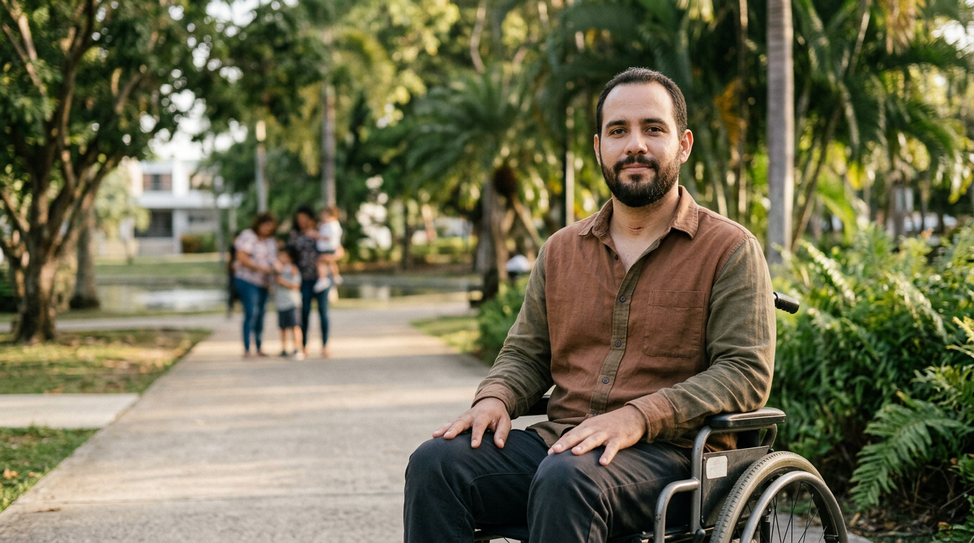 Persona hispana en silla de ruedas mira al frente con serena determinación tras una lesión medular.