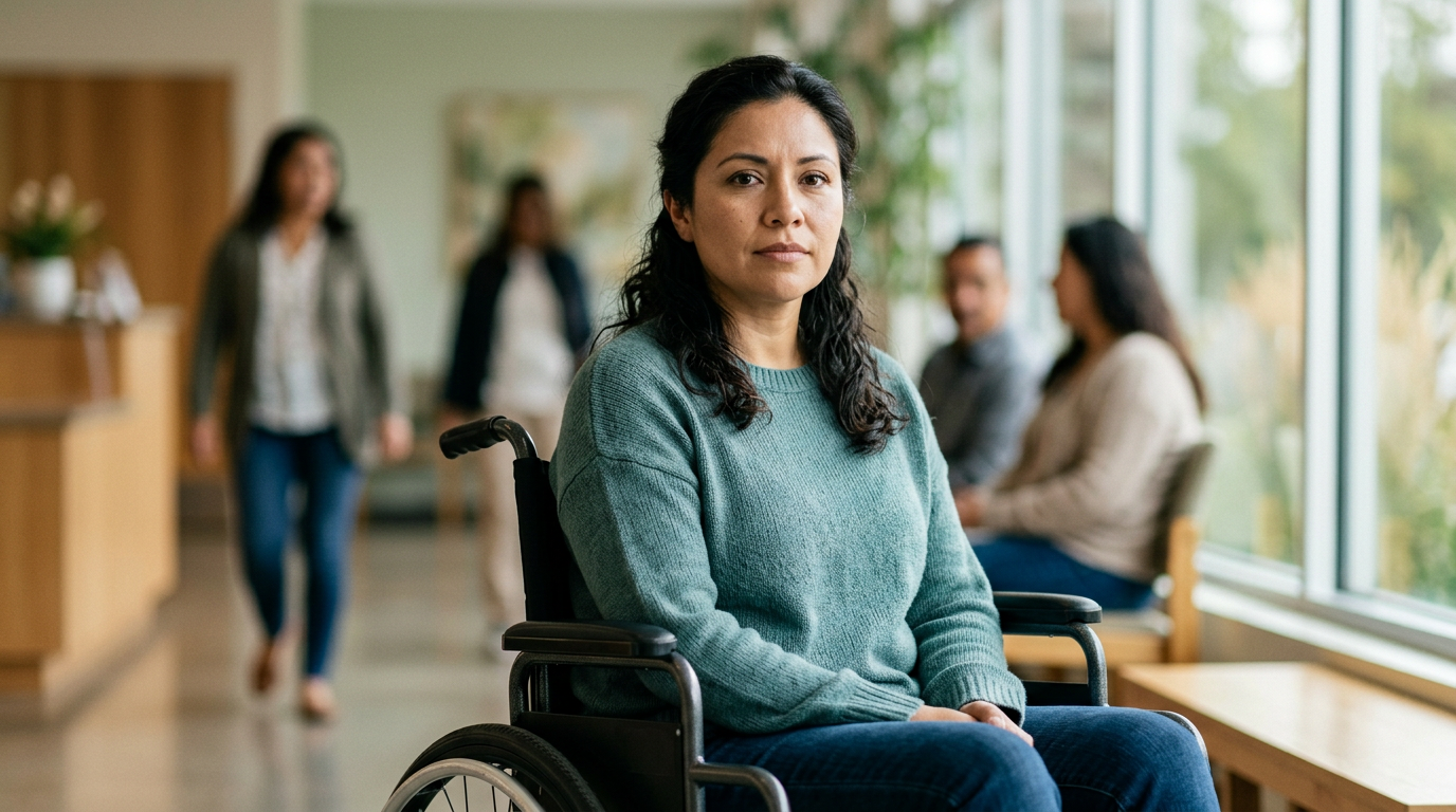 Persona hispana en silla de ruedas mira al frente con serena determinación tras lesión medular.