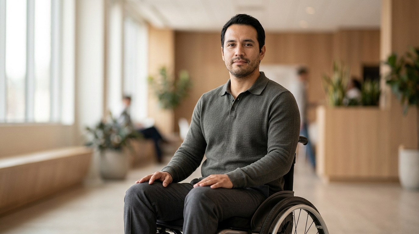 Persona hispana en silla de ruedas mira al frente con serena determinación tras lesión medular.