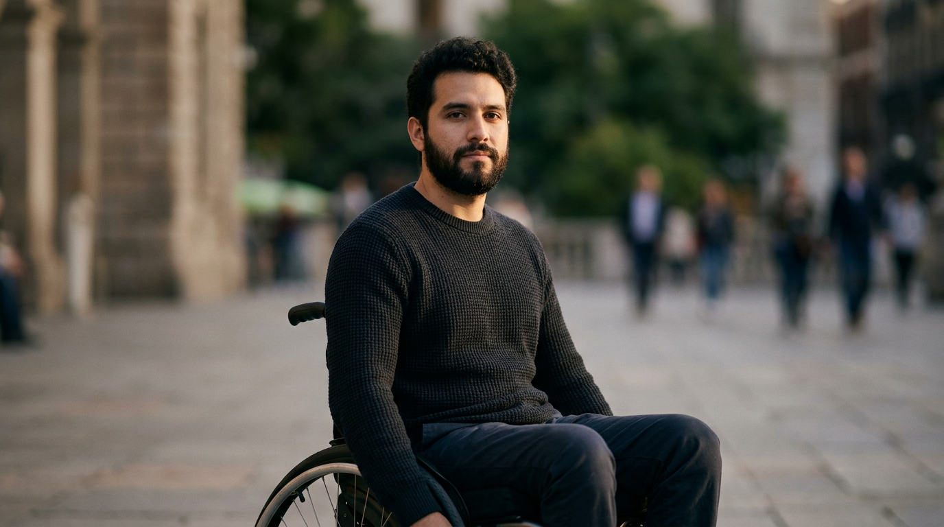 Persona hispana en silla de ruedas mira al frente con serena determinación tras lesión medular grave.
