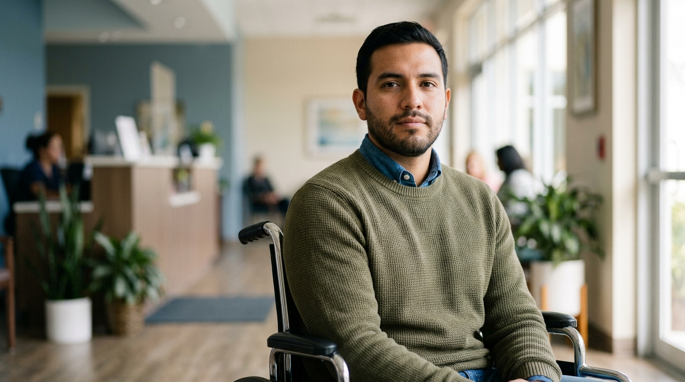 Persona hispana en silla de ruedas mira hacia adelante con determinación tras lesión medular catastrófica.