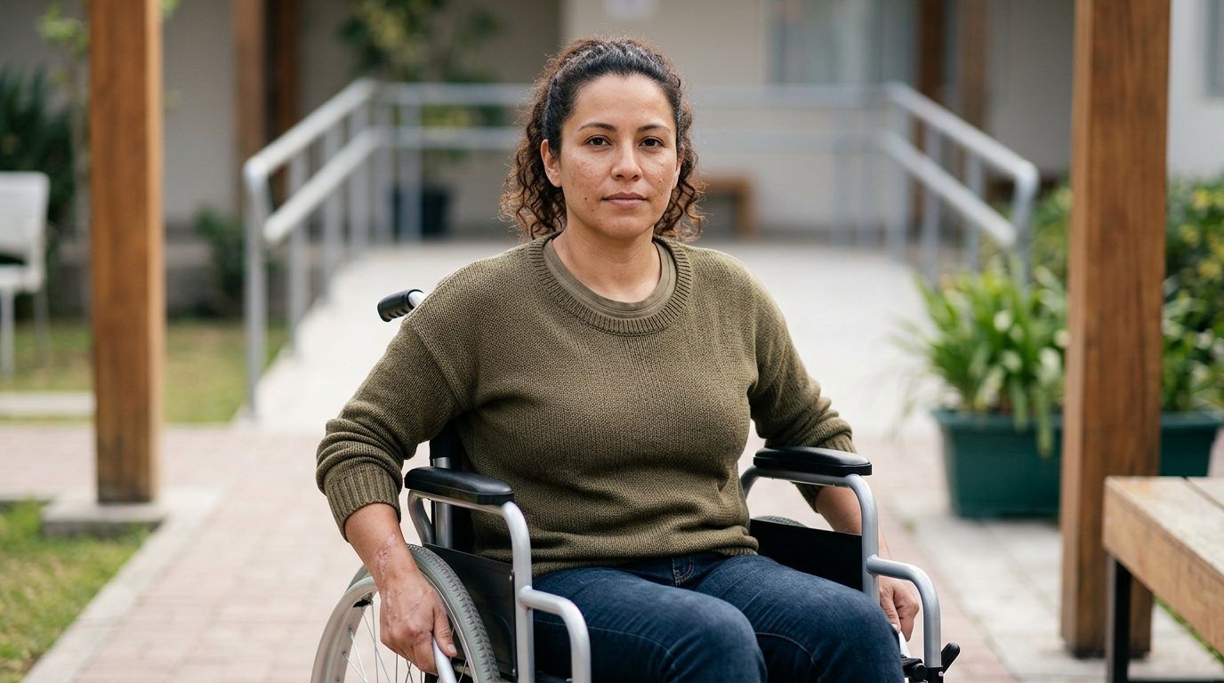 Persona hispana en silla de ruedas mira hacia adelante con serena determinación.