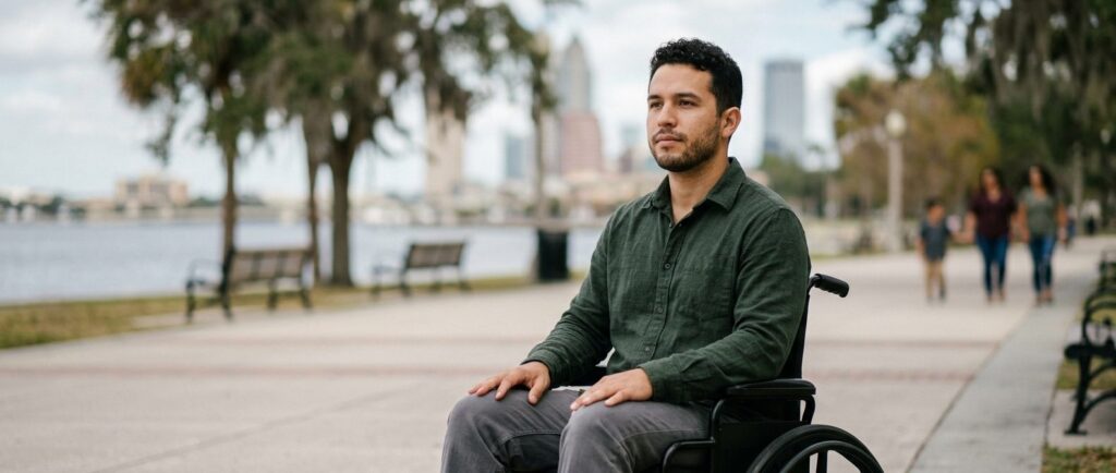 a person who uses a wheelchair looking forward with quiet resolve, catastrophic spinal injury, featuring Hispanic and Latino people