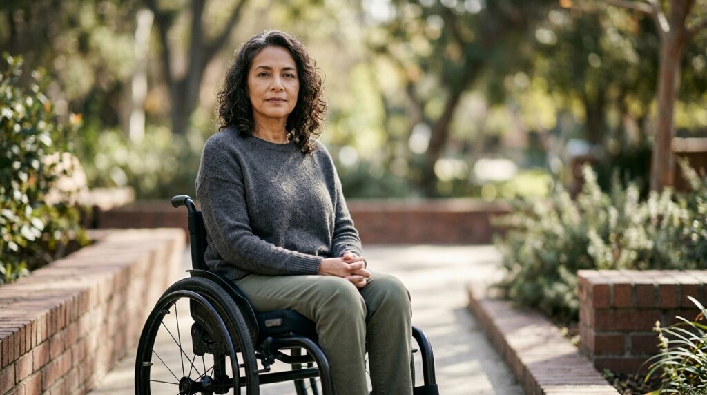 Persona hispana usuaria de silla de ruedas mira al frente con serena determinación tras lesión medular.