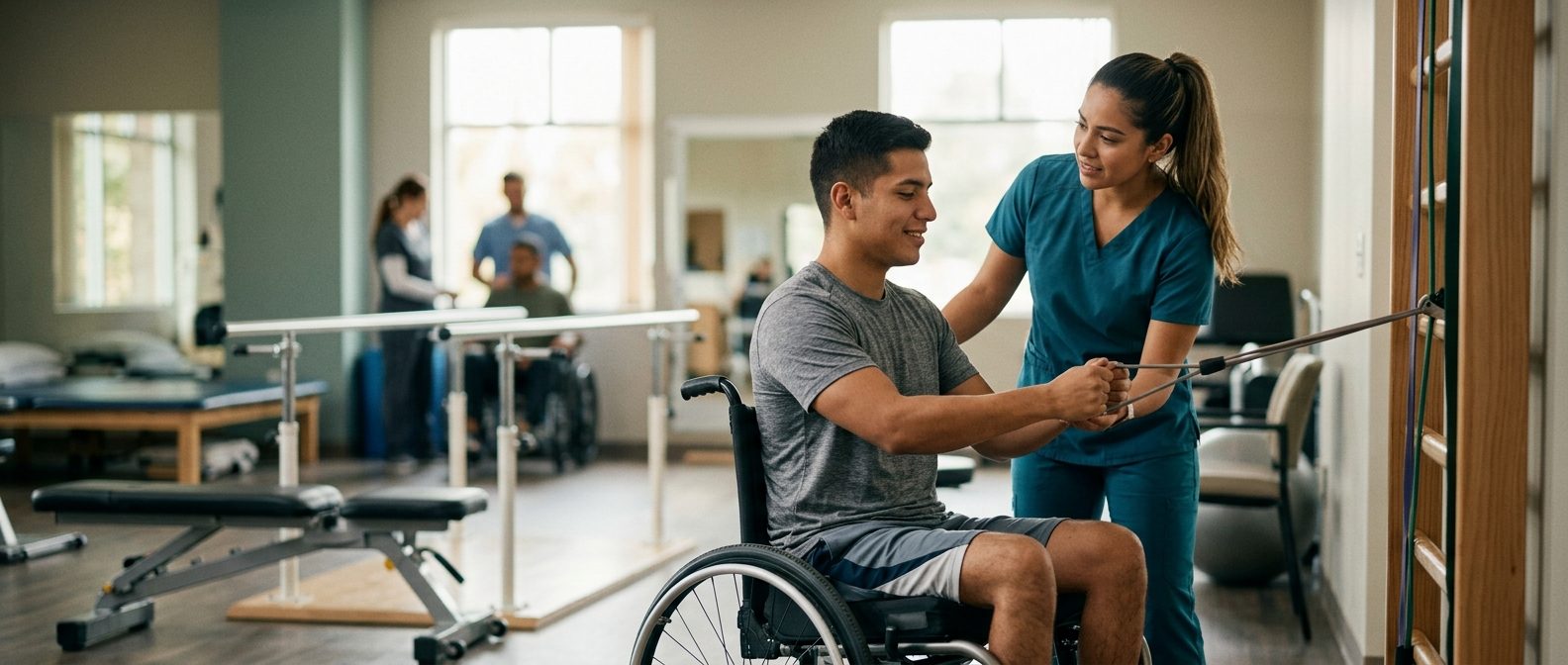 Persona joven en silla de ruedas con terapeuta en gimnasio de rehabilitación por lesión medular.