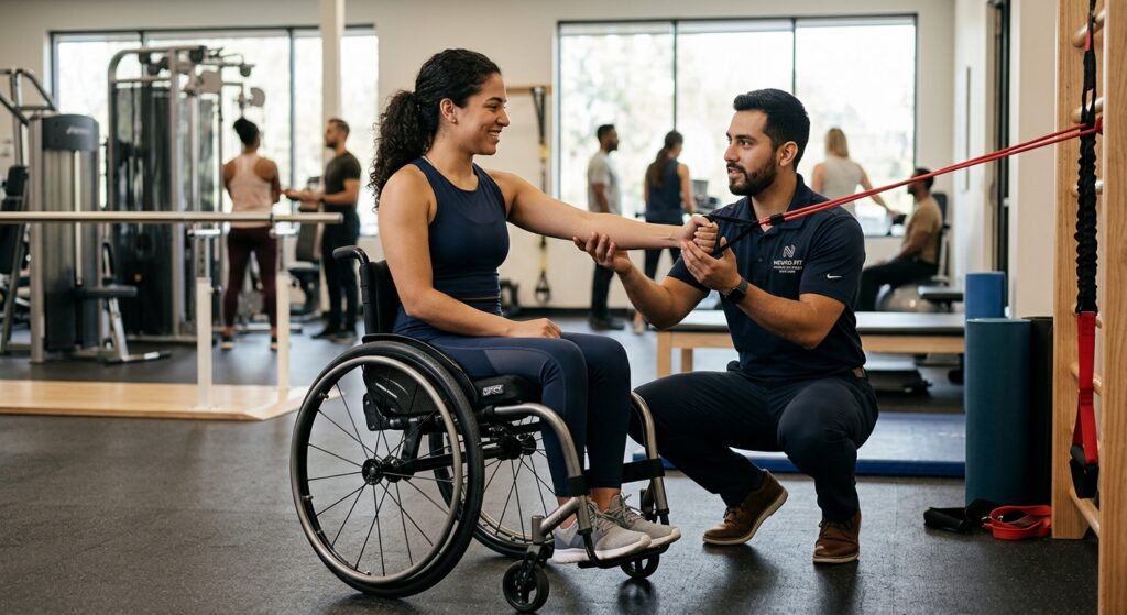 Persona joven en silla de ruedas trabaja con un fisioterapeuta en un gimnasio de rehabilitación de lesiones medulares.