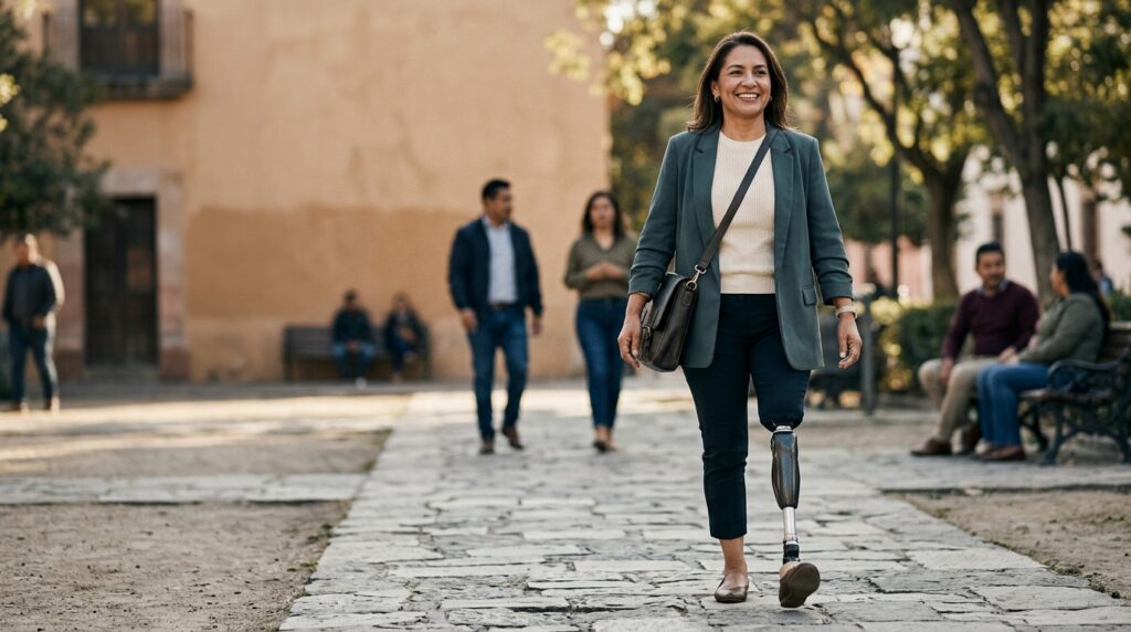 Persona latina con prótesis de pierna practicando movilidad diaria con confianza.