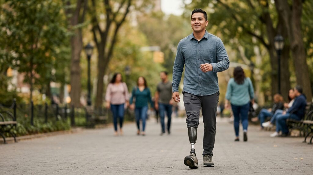 Persona latina con prótesis de pierna practicando su movilidad diaria con confianza.