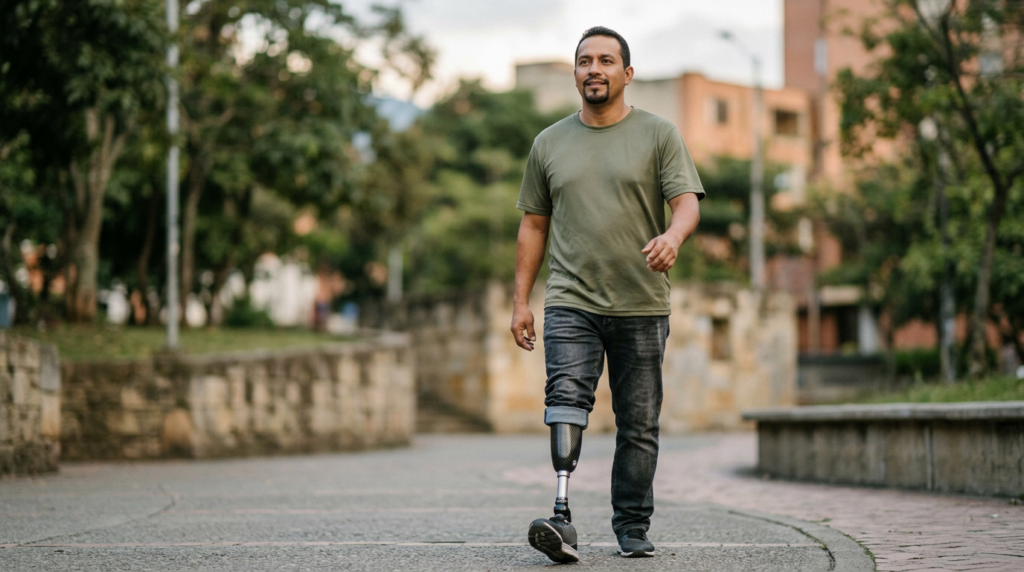 Persona latina con prótesis de pierna practicando su movilidad diaria con confianza.